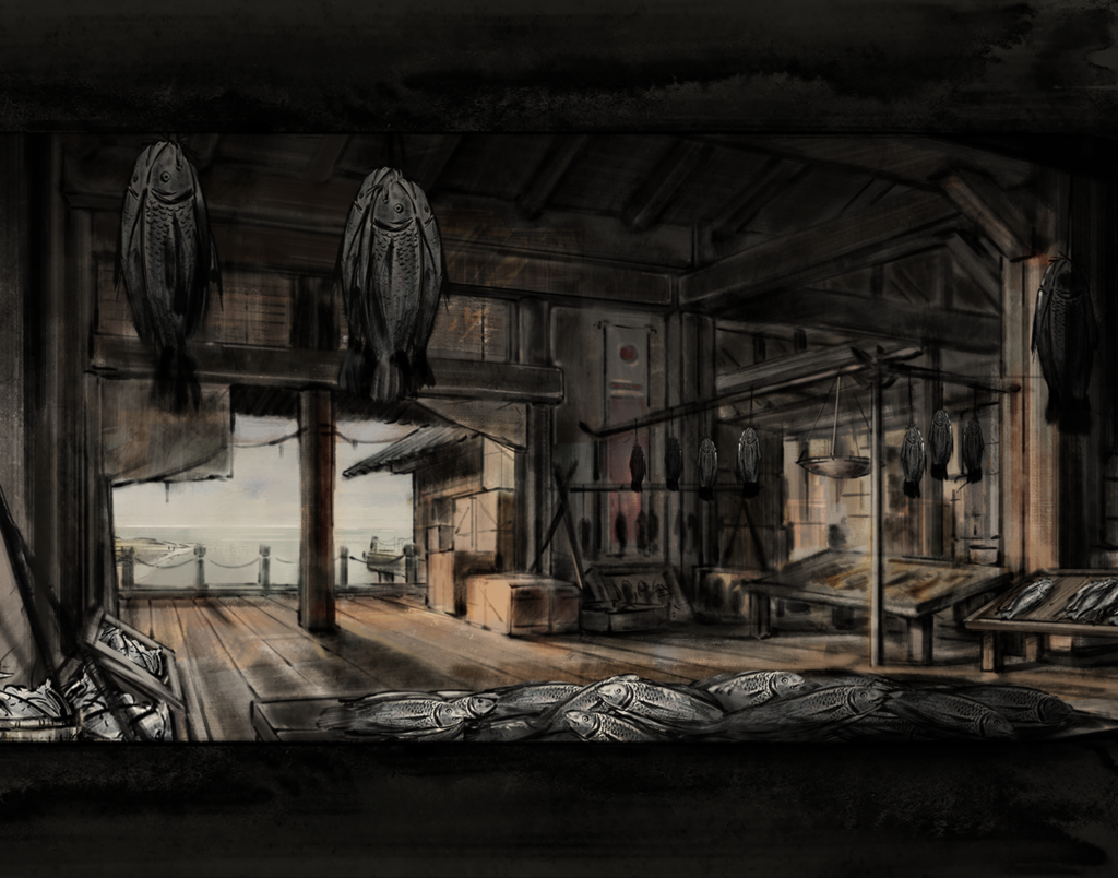 Painted artwork of a Japanese fishery in the Edo period. Fish hang from hooks in the foreground, and across the wood flooring, there is a railing that leads out to the ocean.