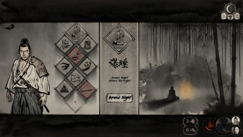 A screenshot of the camping menu in the Gamecorefy game. A samurai stands at the left of the screen with nine options available to choose from, each with a unique symbol. To the right, a stylized artwork of a campfire is seen. At the bottom of the screen, there are statistics, and an area showing food and money.