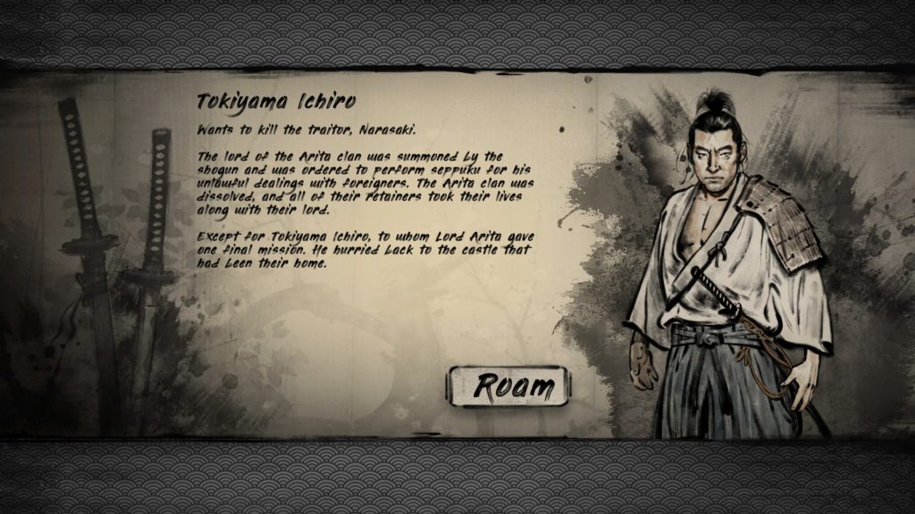 A samurai stands to the right of the screen in robes with a sheathed katana. To his right text shows his name and backstory. A button at the bottom says 'roam'.