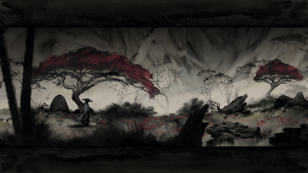 Artwork of a Japanese landscape in the Gamecorefy game. Trees with red leaves can be seen in the background. A ronin character stands in side profile wearing a hat.