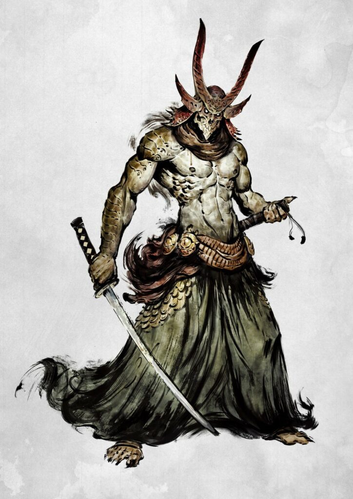 Artwork of a demonic-looking samurai with greenish skin, a skull for a face wearing a helmet, and two katanas at his sides.