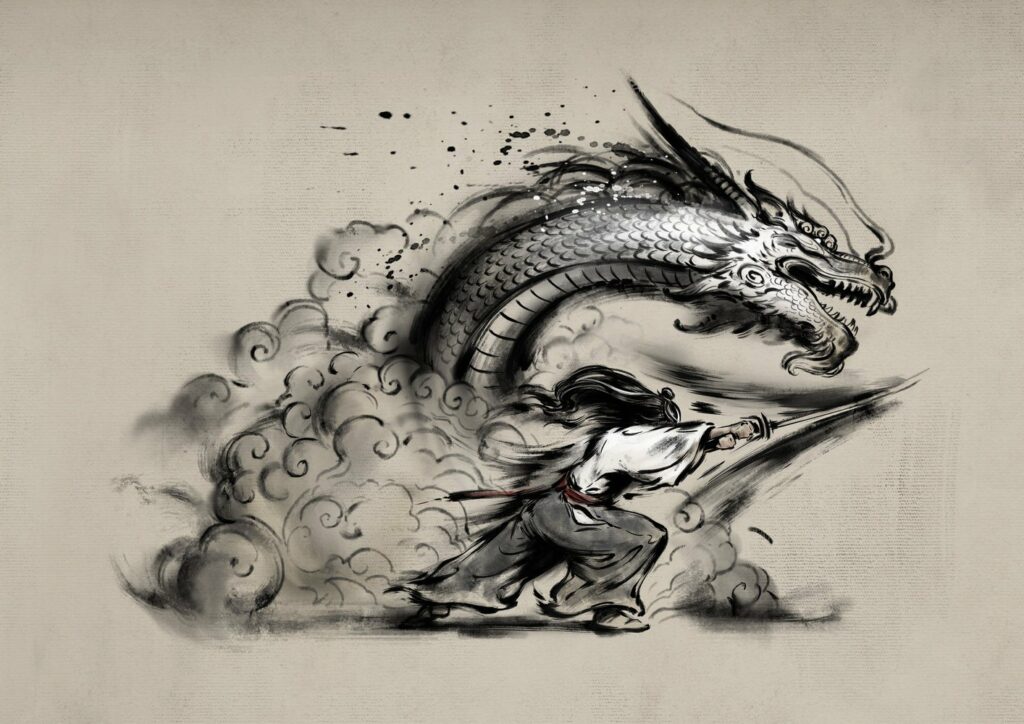 A piece of concept artwork for Gamecorefy shows a samurai stabbing forward with a katana. The image of a dragon's head and neck above him comes out from a cloud or mist.