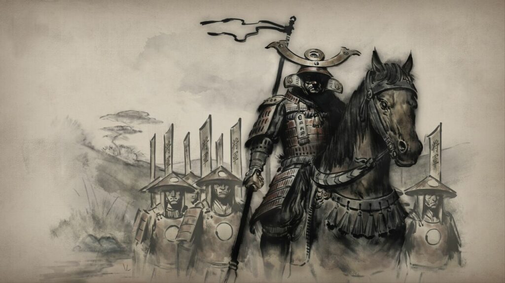 A piece of concept artwork for Gamecorefy showing a samurai in full armor on top of a horse. Several soldiers stand with flags behind the samurai following him.
