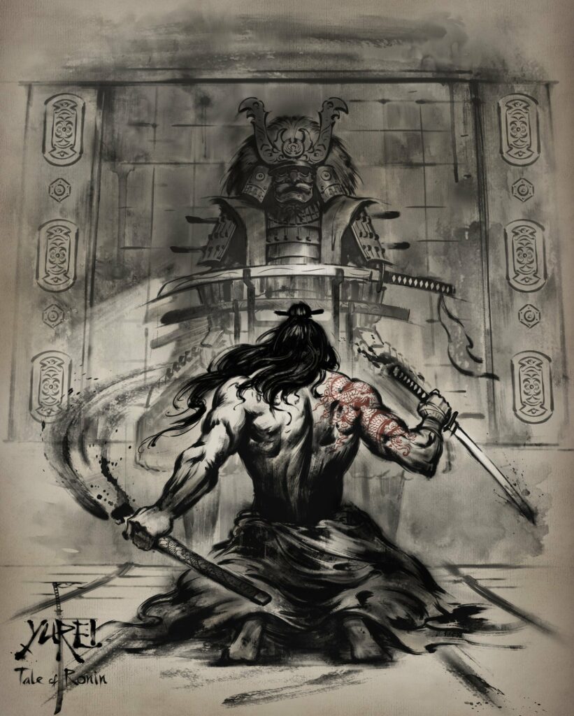 A stylized poster shows a kneeling samurai unsheathing a katana, with a set of armor in the background looming over him.
